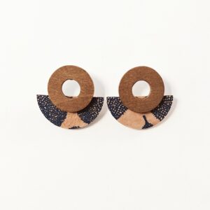 Orecchini in legno e carta artigianale fondo beige con fantasia botanica blu
