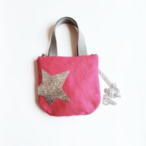 Borsa Mini bag in tela fucsia con manici in corda, tracolla in alluminio e stella glitter argento
