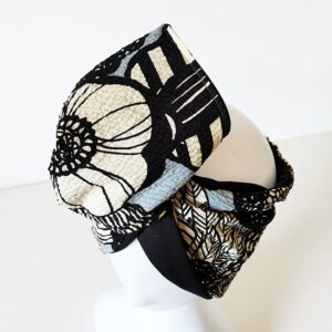 Fascia turbante modellabile in cotone giapponese fondo grigio con fiori bianchi e neri