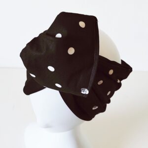 Fascia turbante modellabile in cotone giapponese fondo nero con pois bianchi