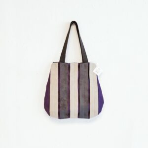 Borsa Medium in tessuto tecnico viola con righe beige e grigie